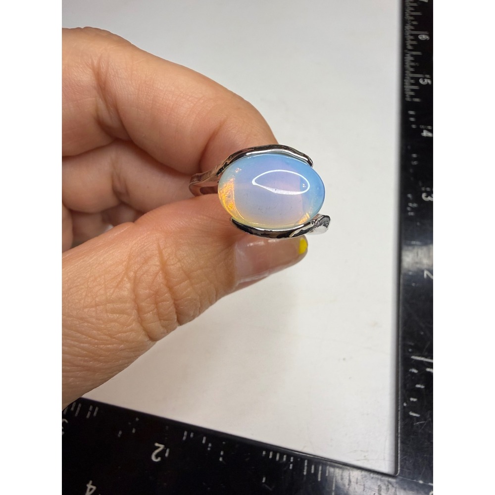 Silver Tone Oval Opalite Bypass Tension Set Ring Size 9.5